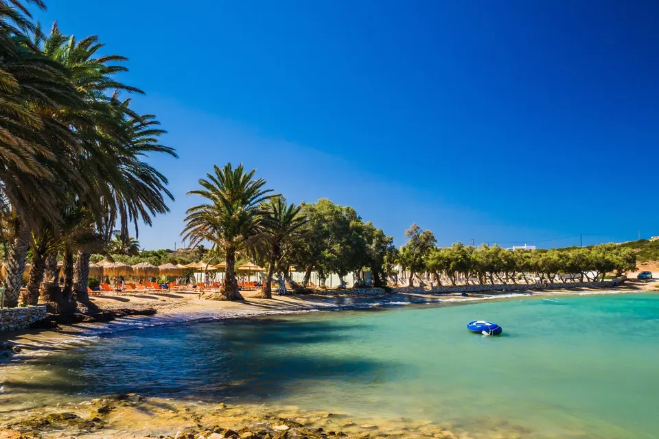 Palmer og turkis vand ved stranden Agia Eirini på Paros