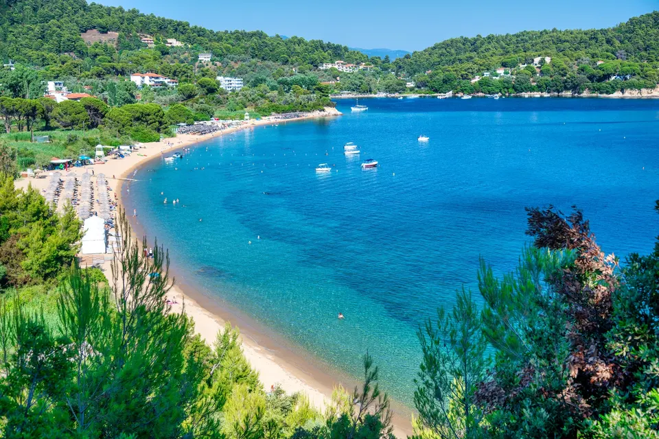 Den lange sandstrand ved Agia Paraskevi set gennem fyrretræer med turkis vand og både