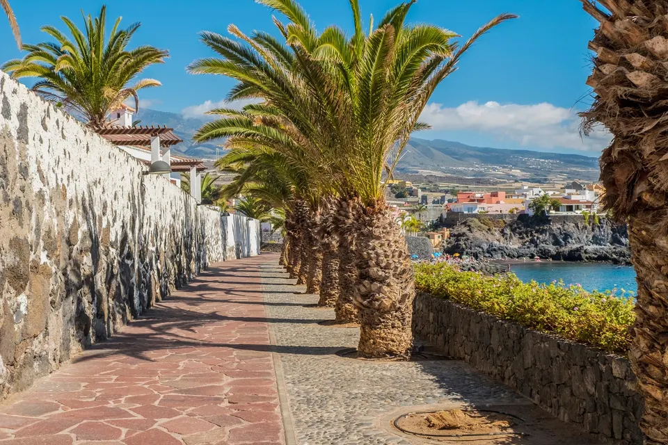 Solbeskinnet promenade med palmer og hvide mure langs kysten i Alcalá på Tenerife
