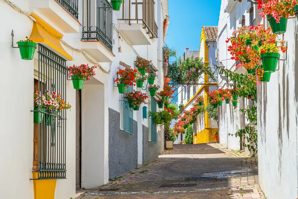 Smal gade i Esteponas gamle bydel med blomsterkrukker på de hvide mure