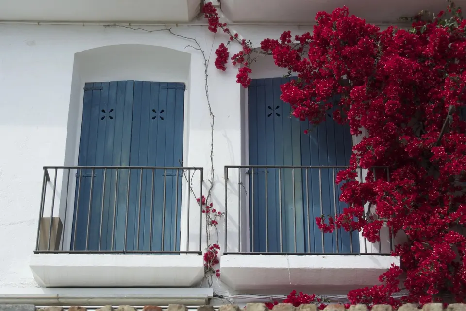 Blå skodder og altaner omgivet af lyserød bougainvillea