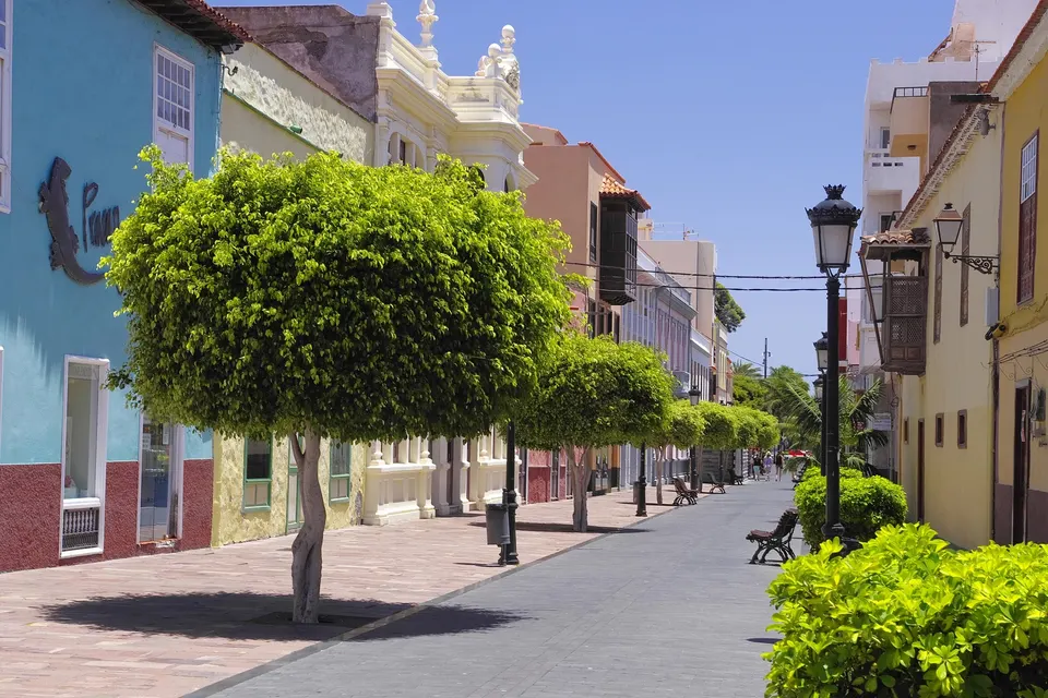Gågade med træer og farverige huse i San Sebastián de La Gomera